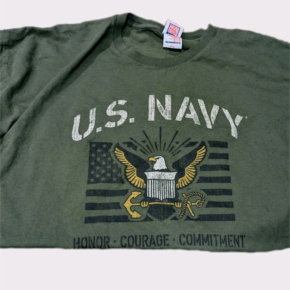 T-shirt 2XL Mens US Navy Military Vintage Green Bayside USA American Soldier